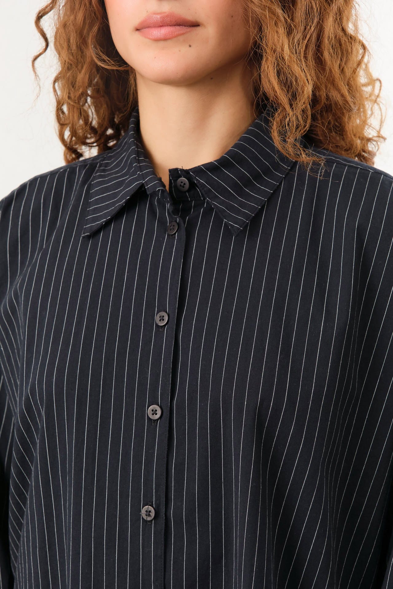 Jesse Kamm Apparel Womens Blouses Alberta Shirt in Midnight Black Pinstripe