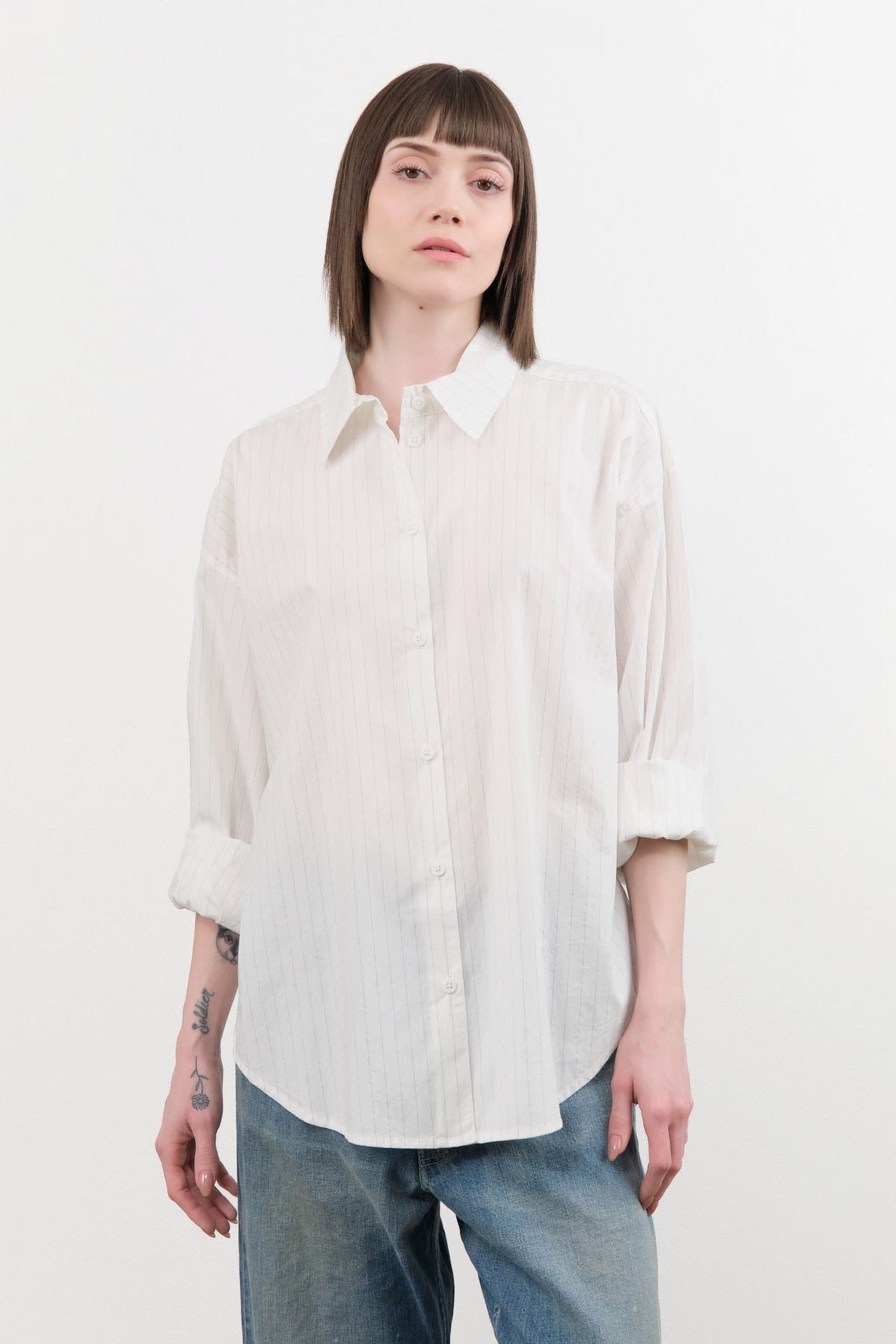 Jesse Kamm Apparel Womens Blouses Alberta Shirt in White & Fine Grey Pinstripe