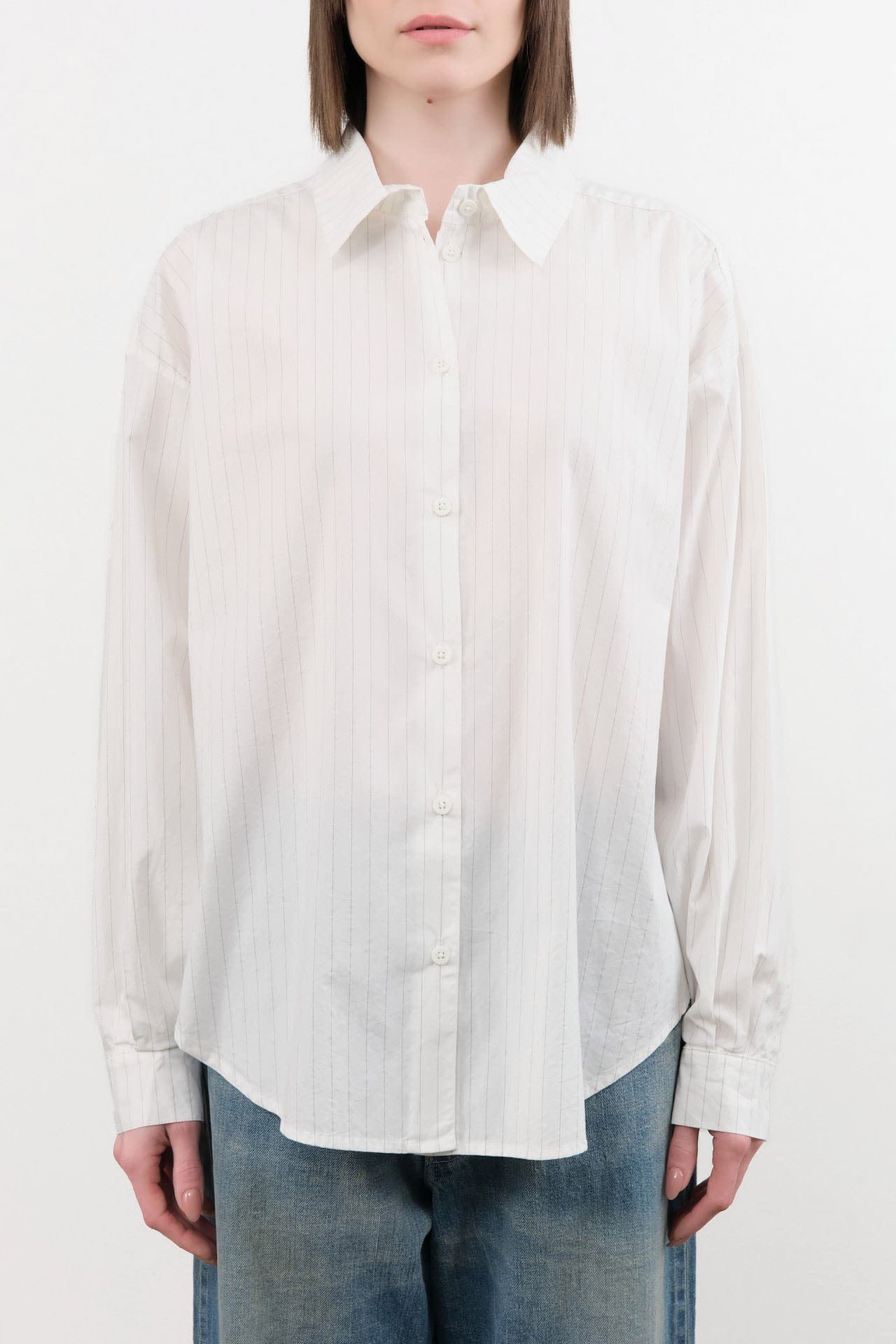 Jesse Kamm Apparel Womens Blouses Alberta Shirt in White & Fine Grey Pinstripe