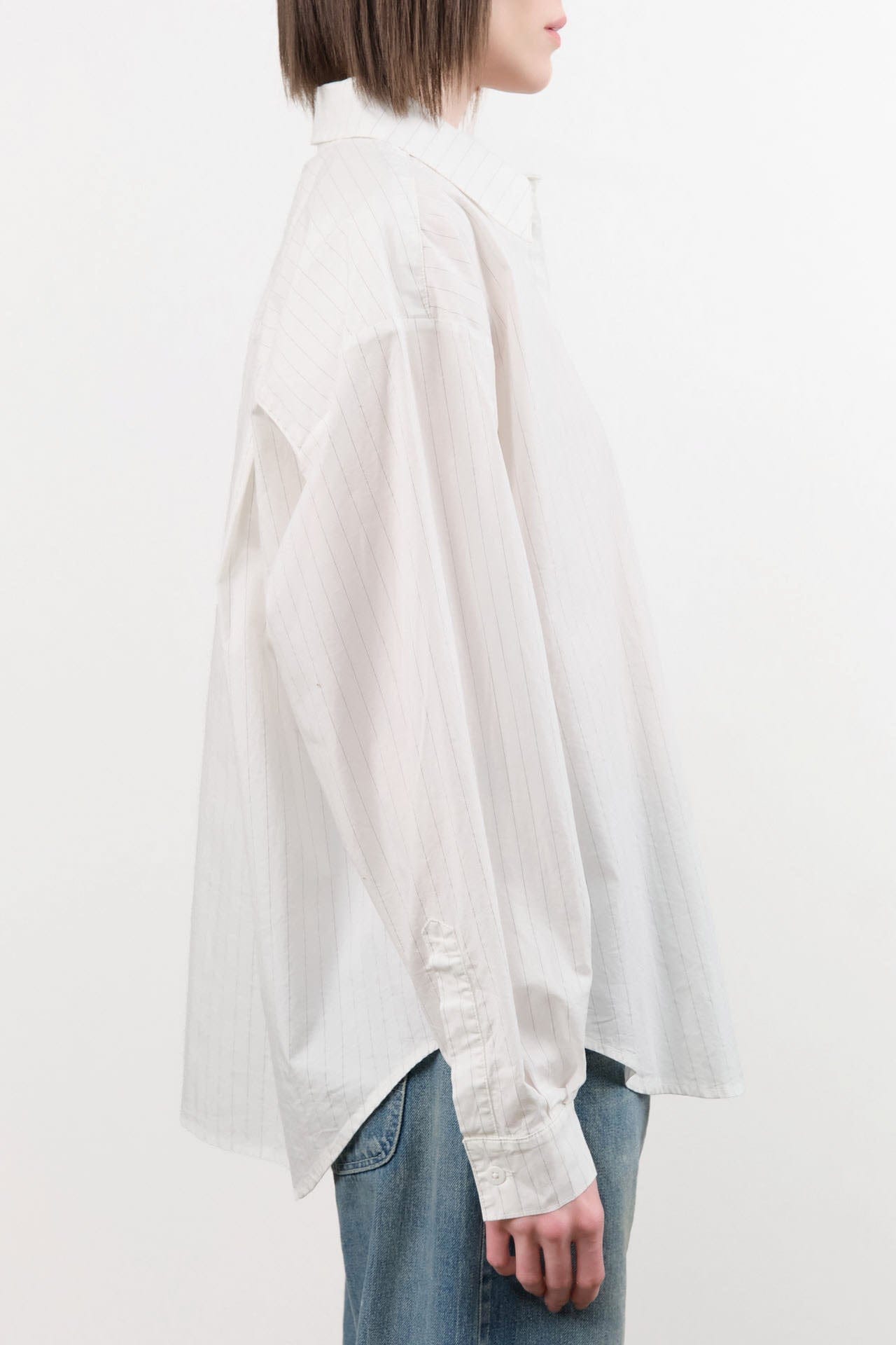 Jesse Kamm Apparel Womens Blouses Alberta Shirt in White & Fine Grey Pinstripe