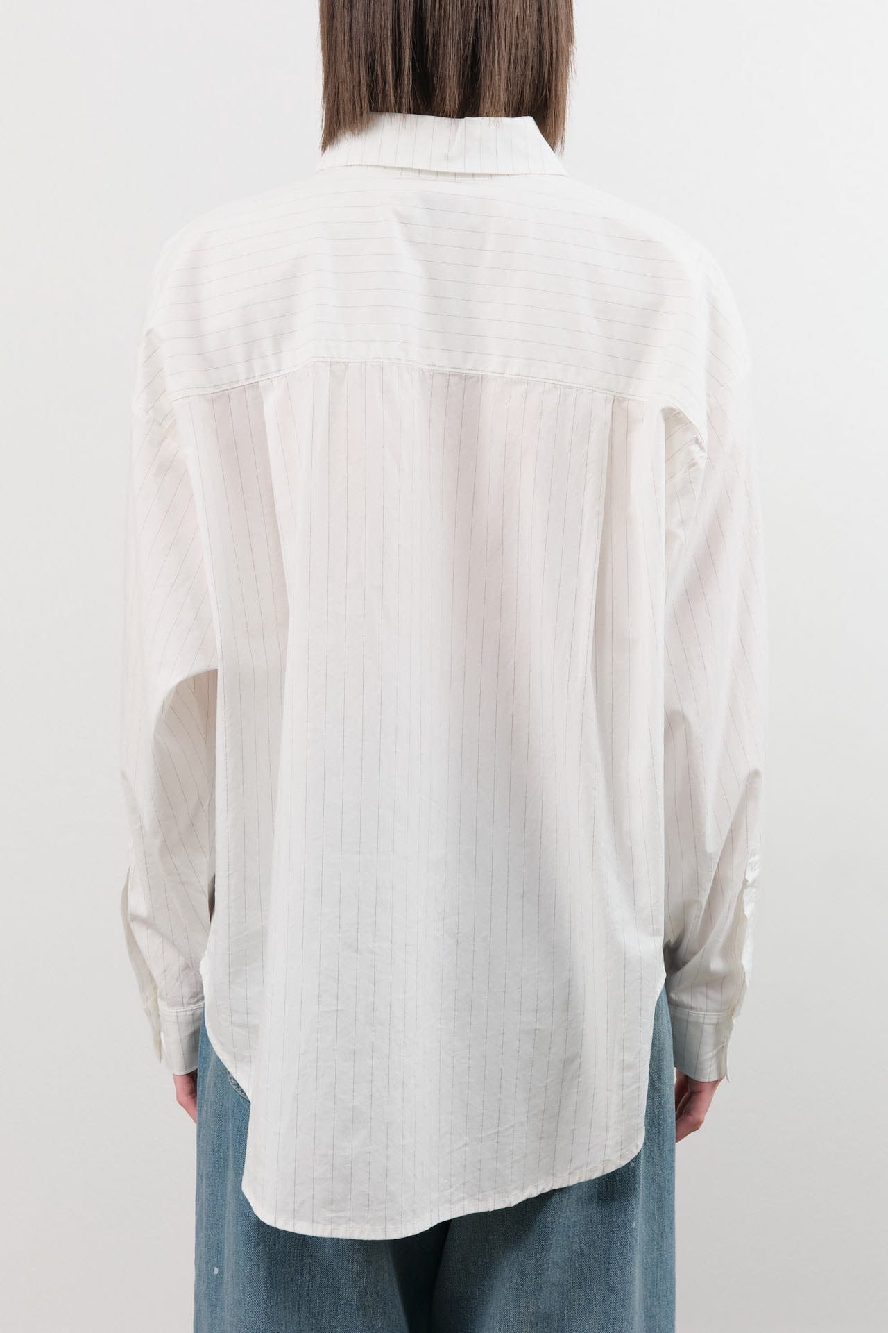 Jesse Kamm Apparel Womens Blouses Alberta Shirt in White & Fine Grey Pinstripe