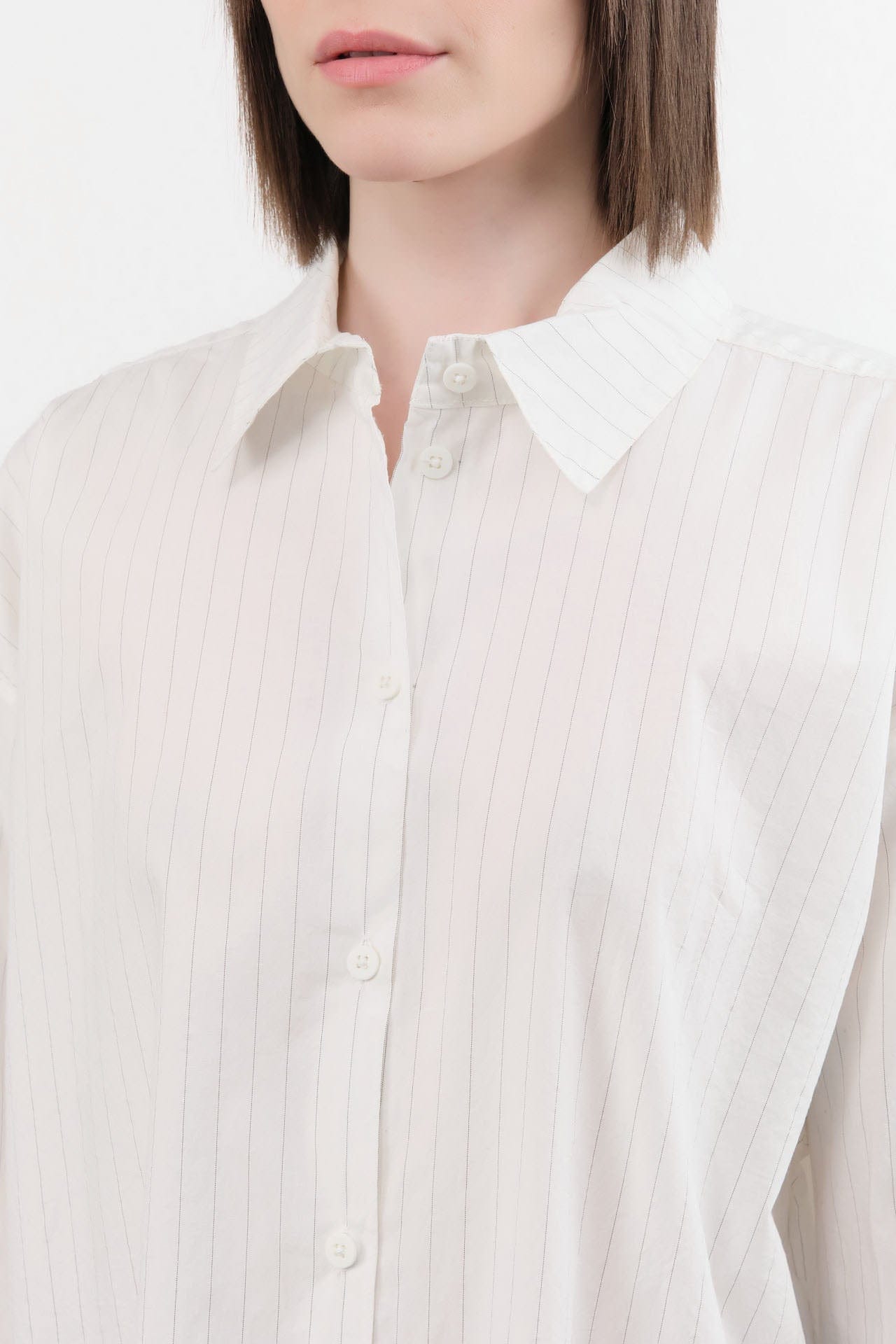 Jesse Kamm Apparel Womens Blouses Alberta Shirt in White & Fine Grey Pinstripe