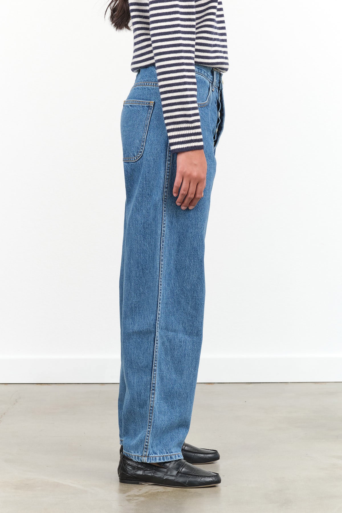 Jesse Kamm Designer Brand High Waisted California Wide Leg Pants in Cowboy Blue Denim