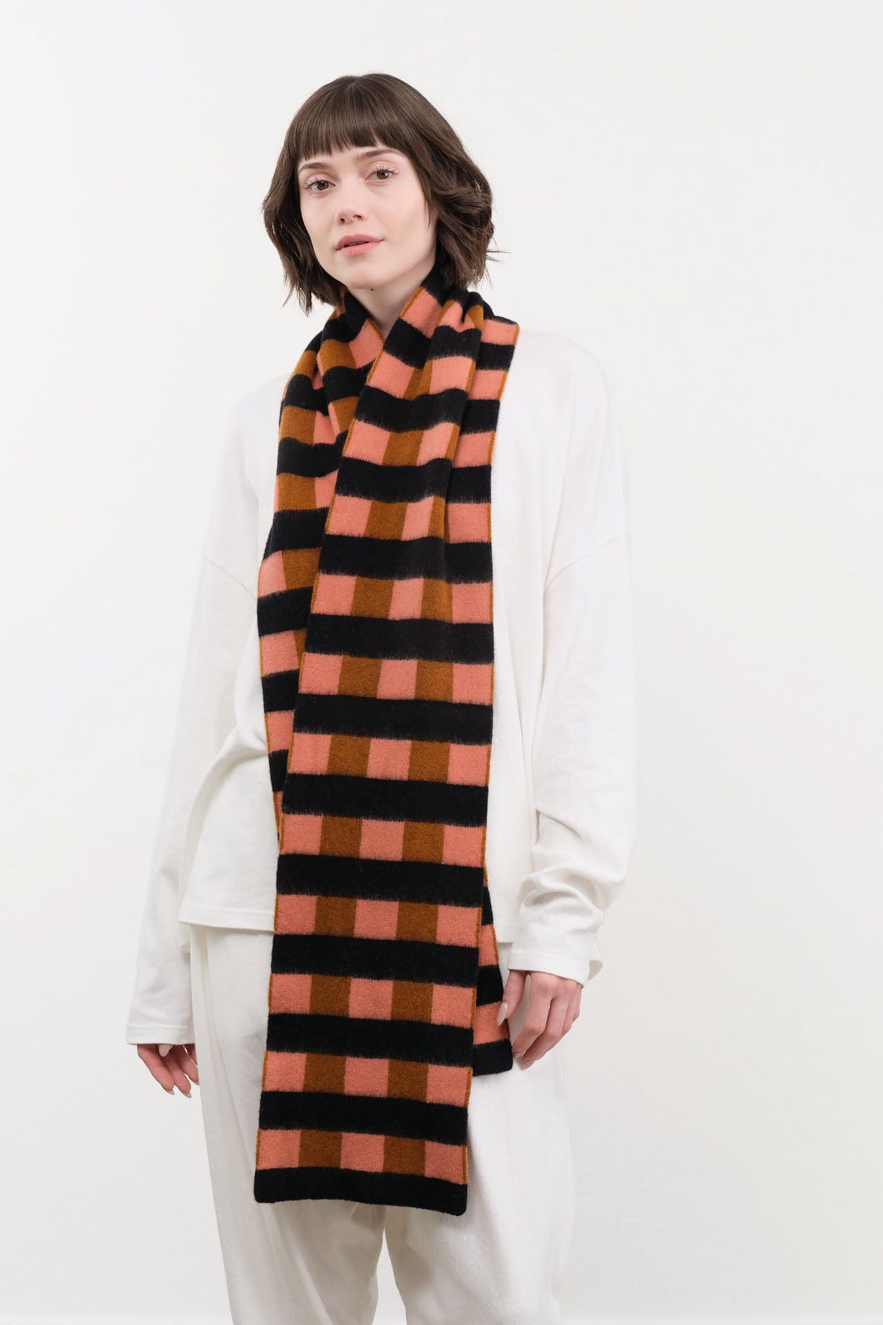 Jo Gordon Accessories Scarves Brushed Check and Stripe Scarf Plaster & Cumin / One Size