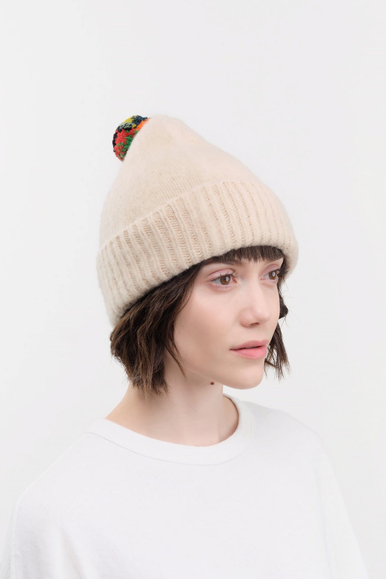 Jo Gordon Accessories Hats Brushed Plain Hat Stripe Pompom Oatmeal / One Size