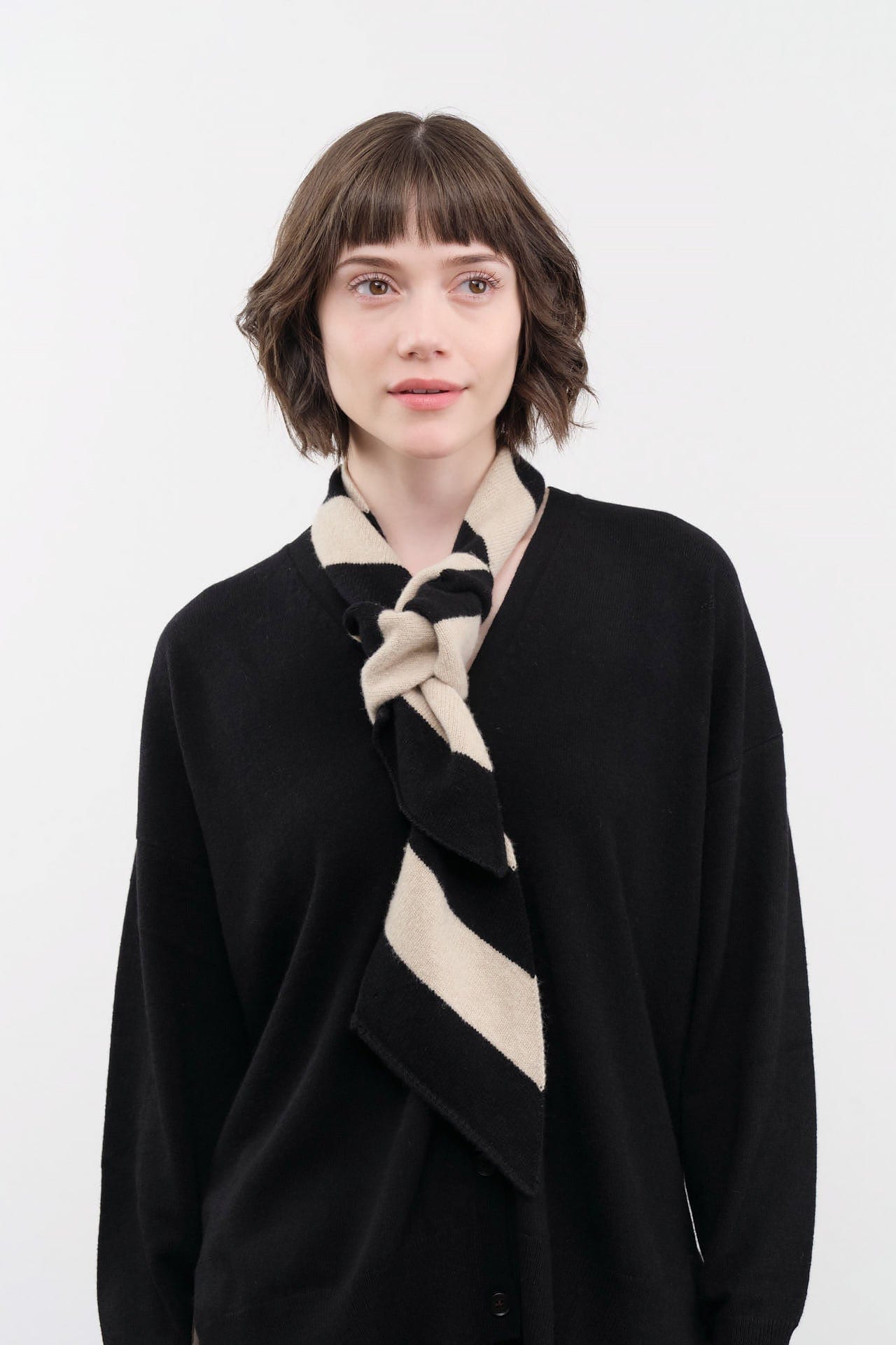 Jo Gordon Accessories Scarves Small Diagonal Stripe Scarf in Black & Oatmeal Black & Oatmeal / One Size