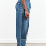 Kapital Clothing Brand 11.5oz Denim Mining Damaged High Waisted Dakota Pant in Patch Work Blue Pro