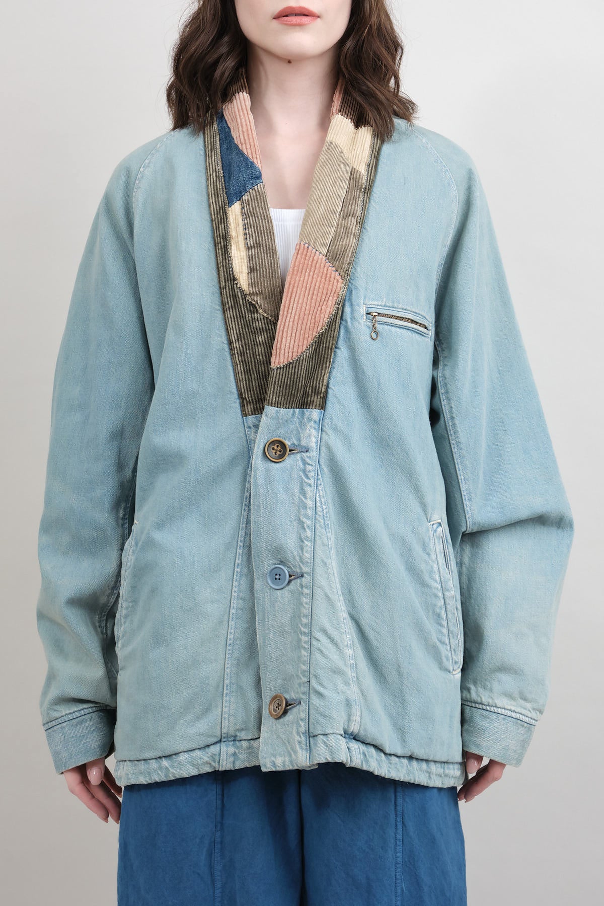 Kapital Denim Dotera Jacket with Noragi Corduroy patchwork collar and mismatched buttons