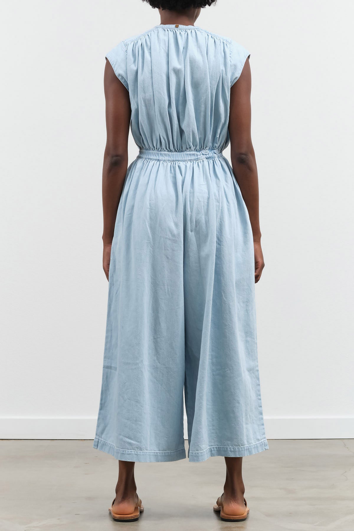 Wide Leg 8oz Denim Non-Sleeve Gypsy All-In-One Jumpsuit by Kapital in Light Blue Pro with Cinch Waist