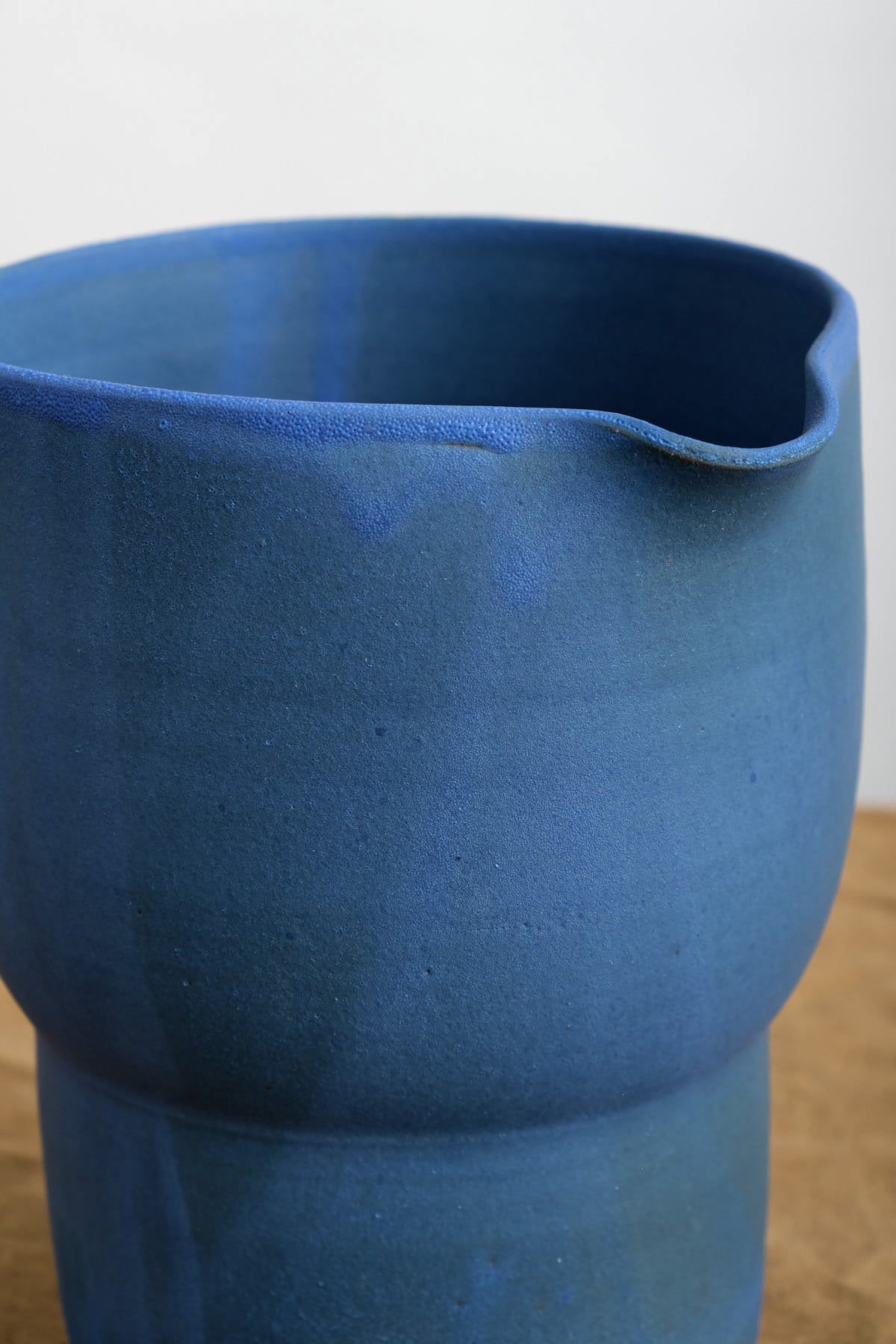 Easy Pour Spout on Handmade Matte Blue Water Pitcher
