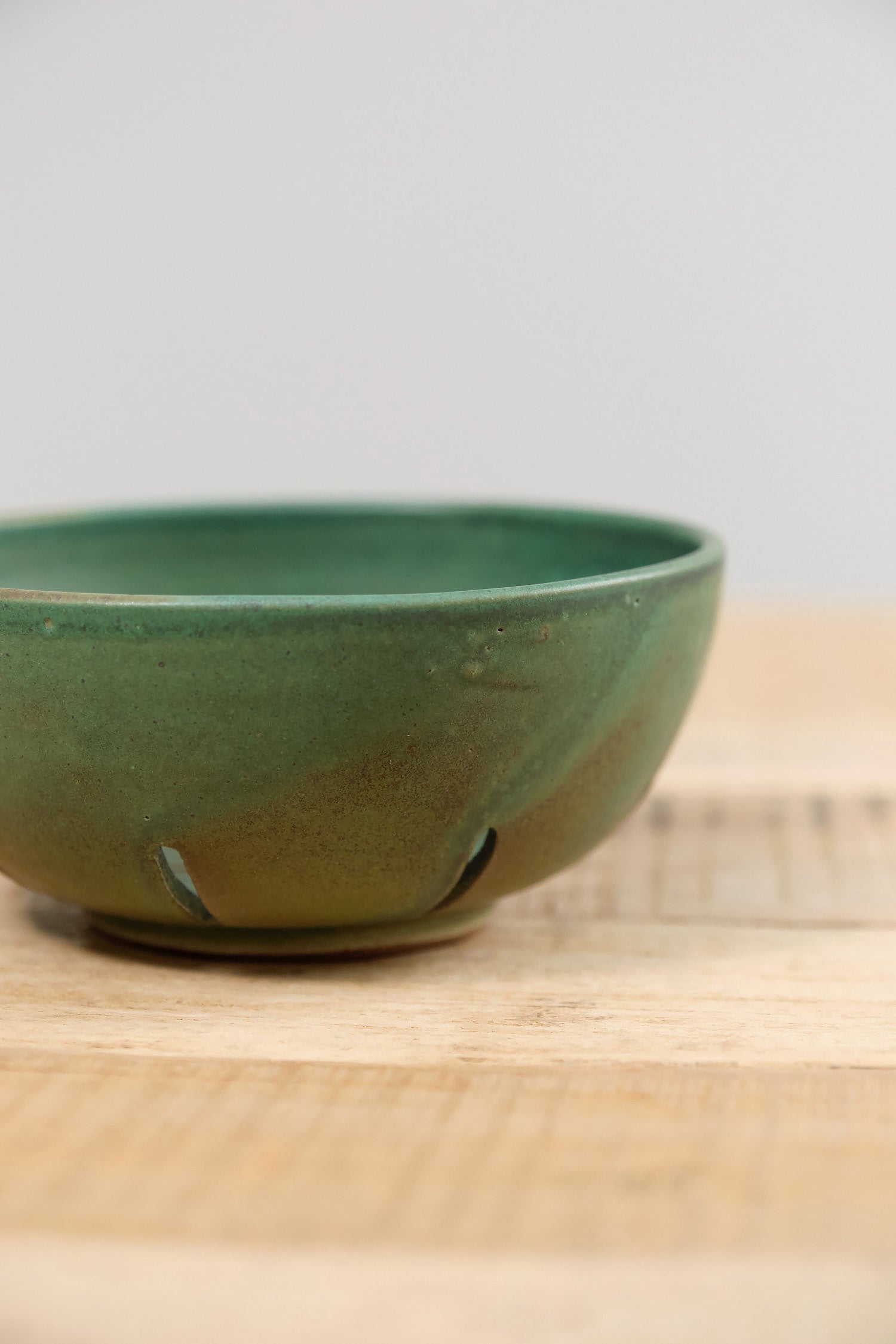 Handmade Ceramic Fruit Colander in Emerald Green Glaze by Kati Von Lehman 