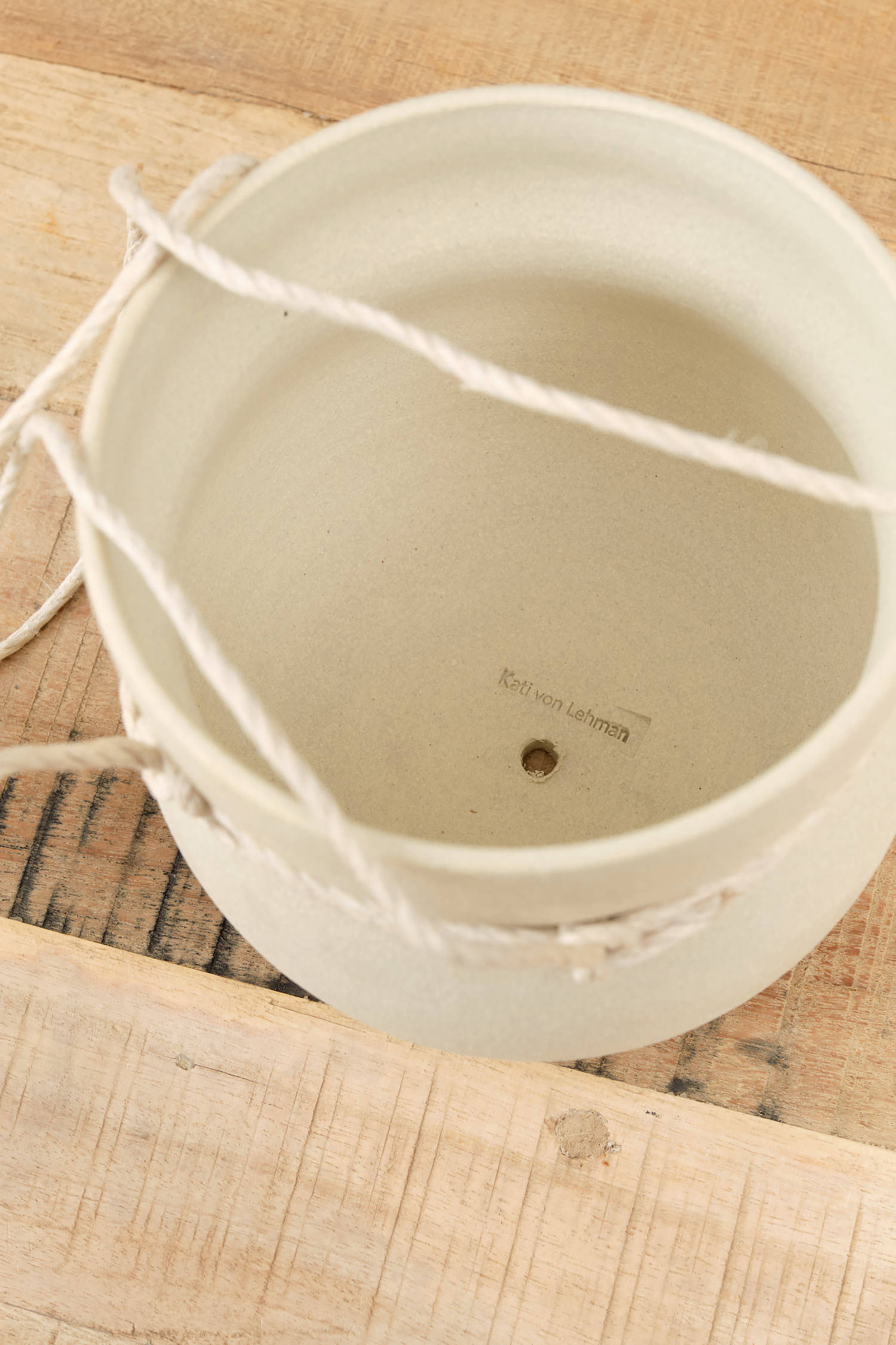 Kati Von Lehman Ceramics Hanging Cinched Planter in White Stoneware