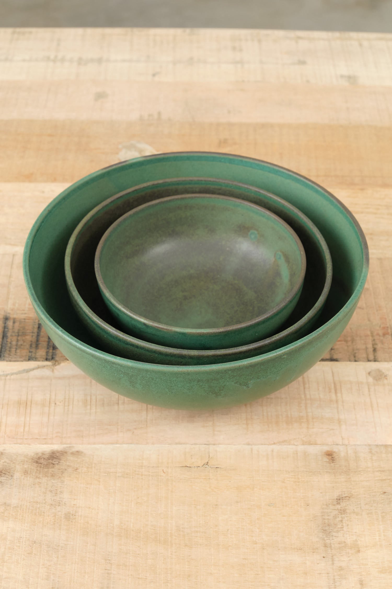 Handmade Ceramic Nesting Kitchen Bowls in Emerald Green Glaze by Kati Von Lehman 