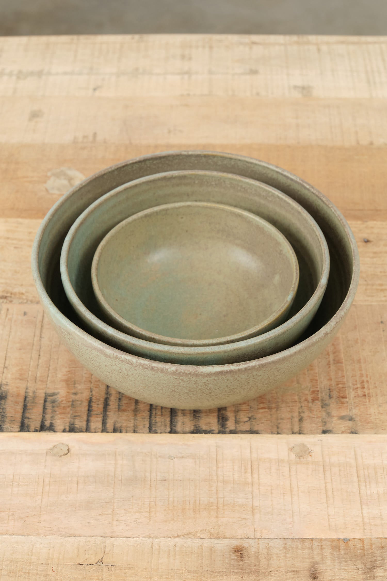 Kati Von Lehman Handmade Ceramic Nesting Kitchen Bowls in Jade Green