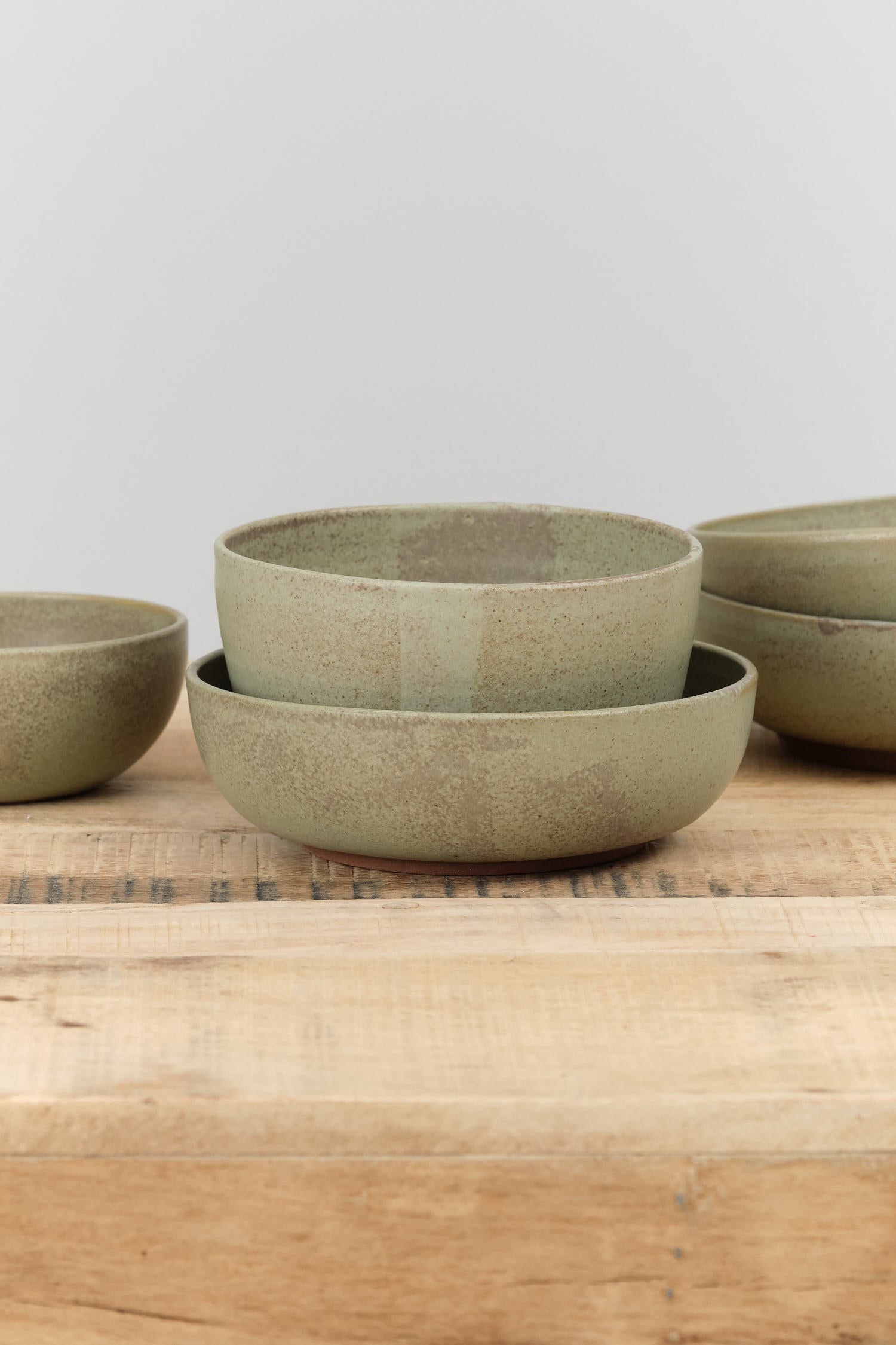 Handmade Shallow Ramen Bowl Ceramic Pottery in Jade Green Glaze by Kati Von Lehman 