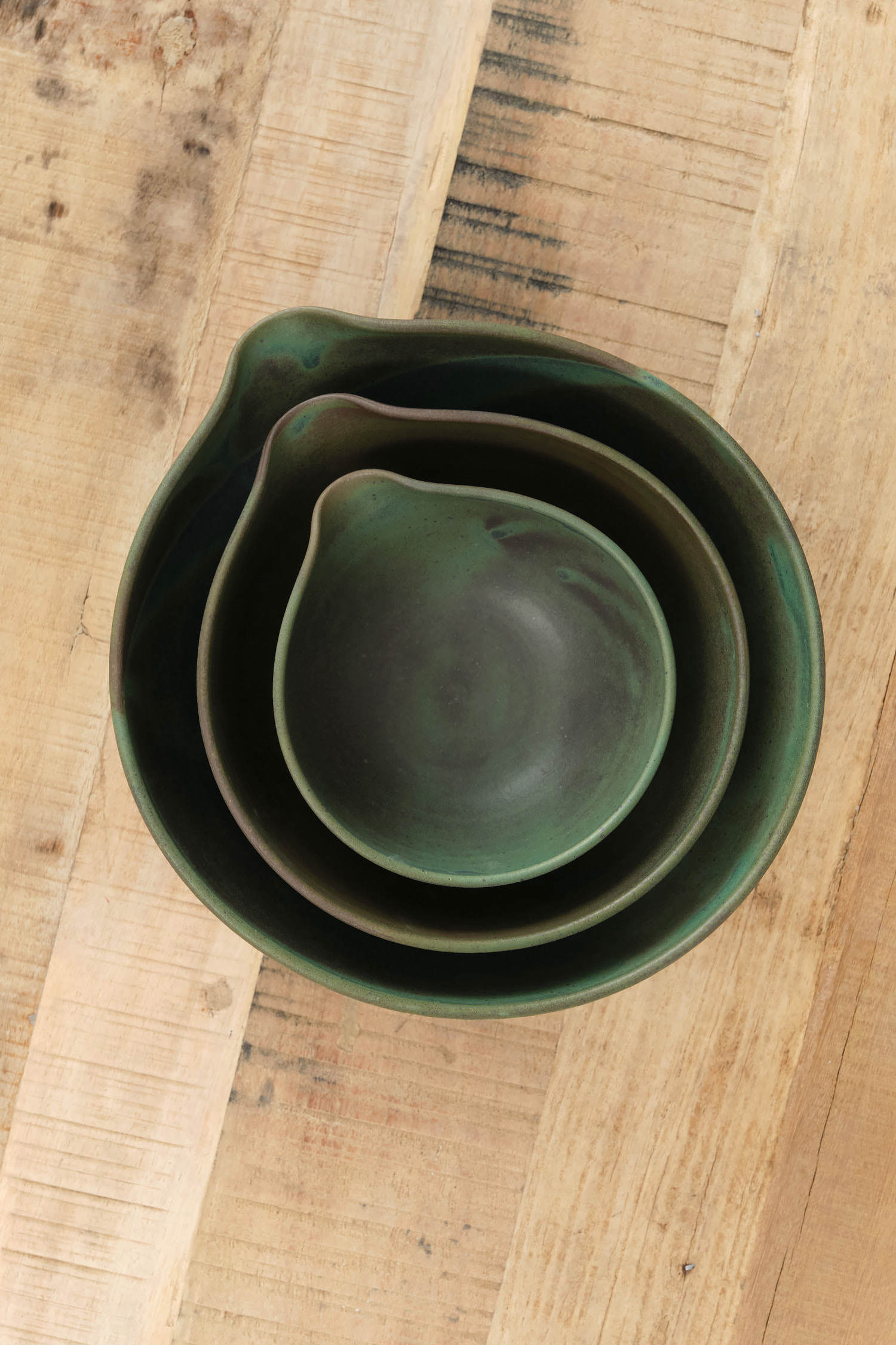 Spouted Nesting Kitchen Bowl Set in Emerald Green Glaze by Kati Von Lehman Ceramics 