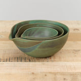 Kati Von Lehman Ceramics Spouted Nesting Kitchen Bowl Set in Emerald Green Glaze 