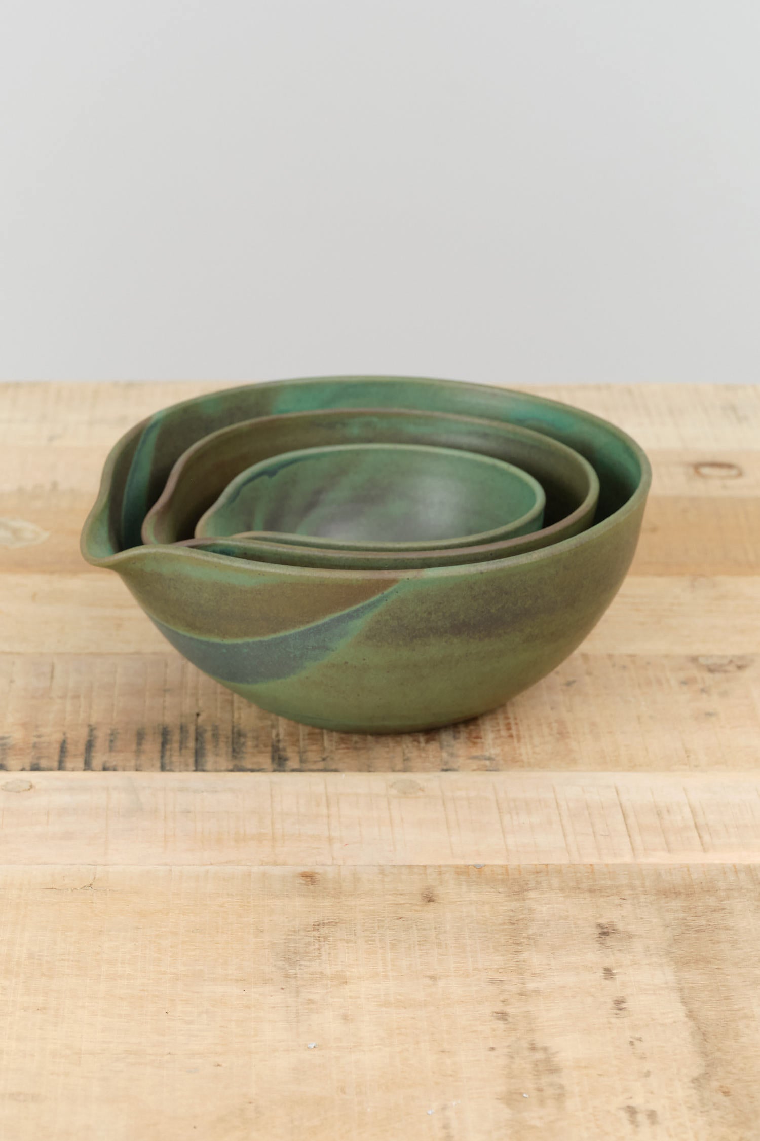 Kati Von Lehman Ceramics Spouted Nesting Kitchen Bowl Set in Emerald Green Glaze 