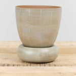 Kati Von Lehman Ceramics Striped Flowerpot with Saucer in Brown Stoneware and Eggshell