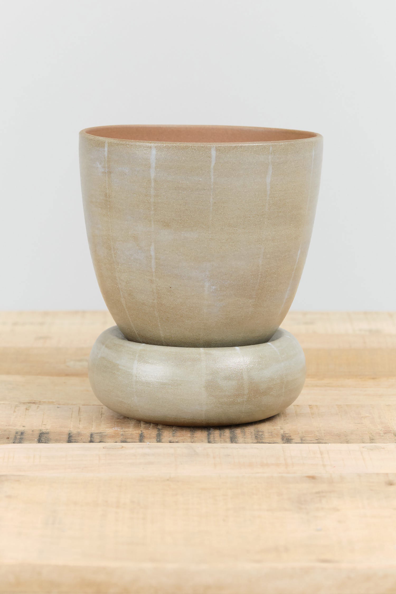 Kati Von Lehman Ceramics Striped Flowerpot with Saucer in Brown Stoneware and Eggshell