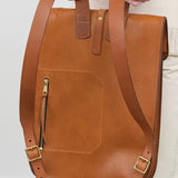 KikaNY Leather and Brass Postal Backpack #1 in Tan Brown with Straps and Clasp 