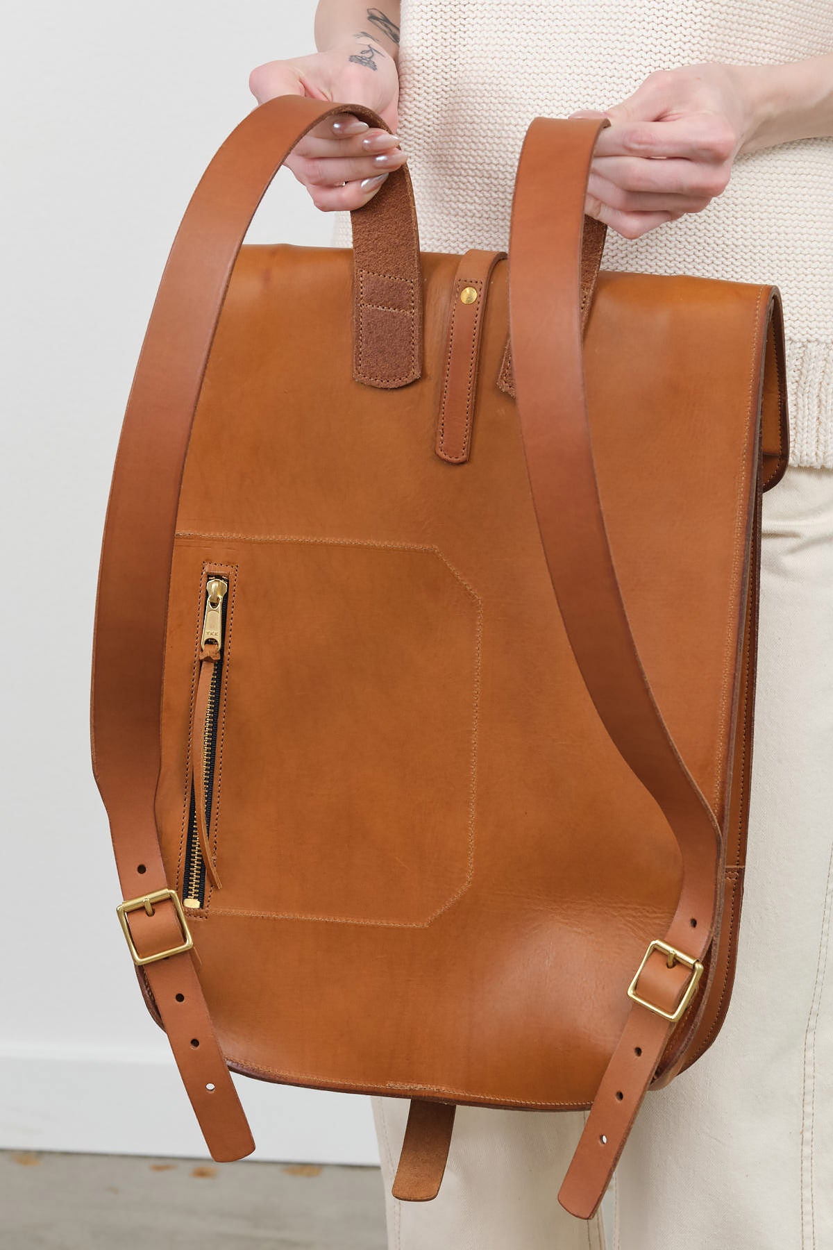 KikaNY Leather and Brass Postal Backpack #1 in Tan Brown with Straps and Clasp 