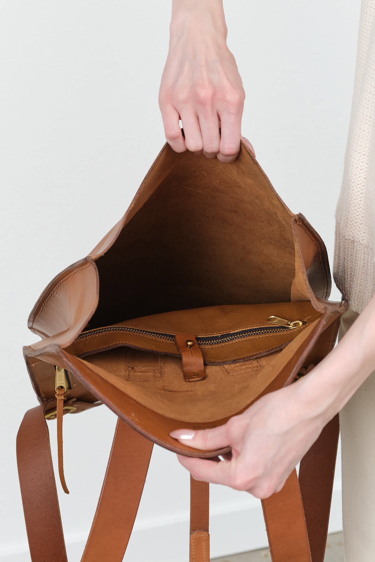 KikaNY Leather and Brass Postal Backpack #1 in Tan Brown with Large Opening and Clasp