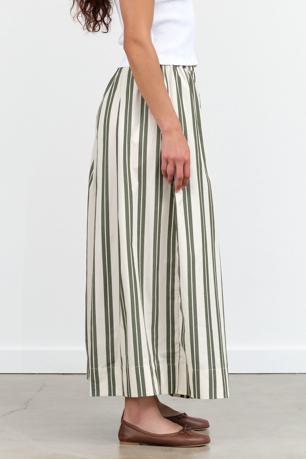 Kowtow Designer Brand Wide Leg Athena Pant in Forest Green Stripe