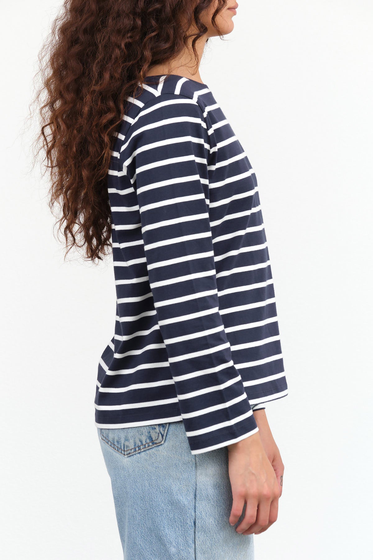 Kowtow Designer Brand Long Sleeve Boat Neck Breton Top in Navy and White Breton Stripes