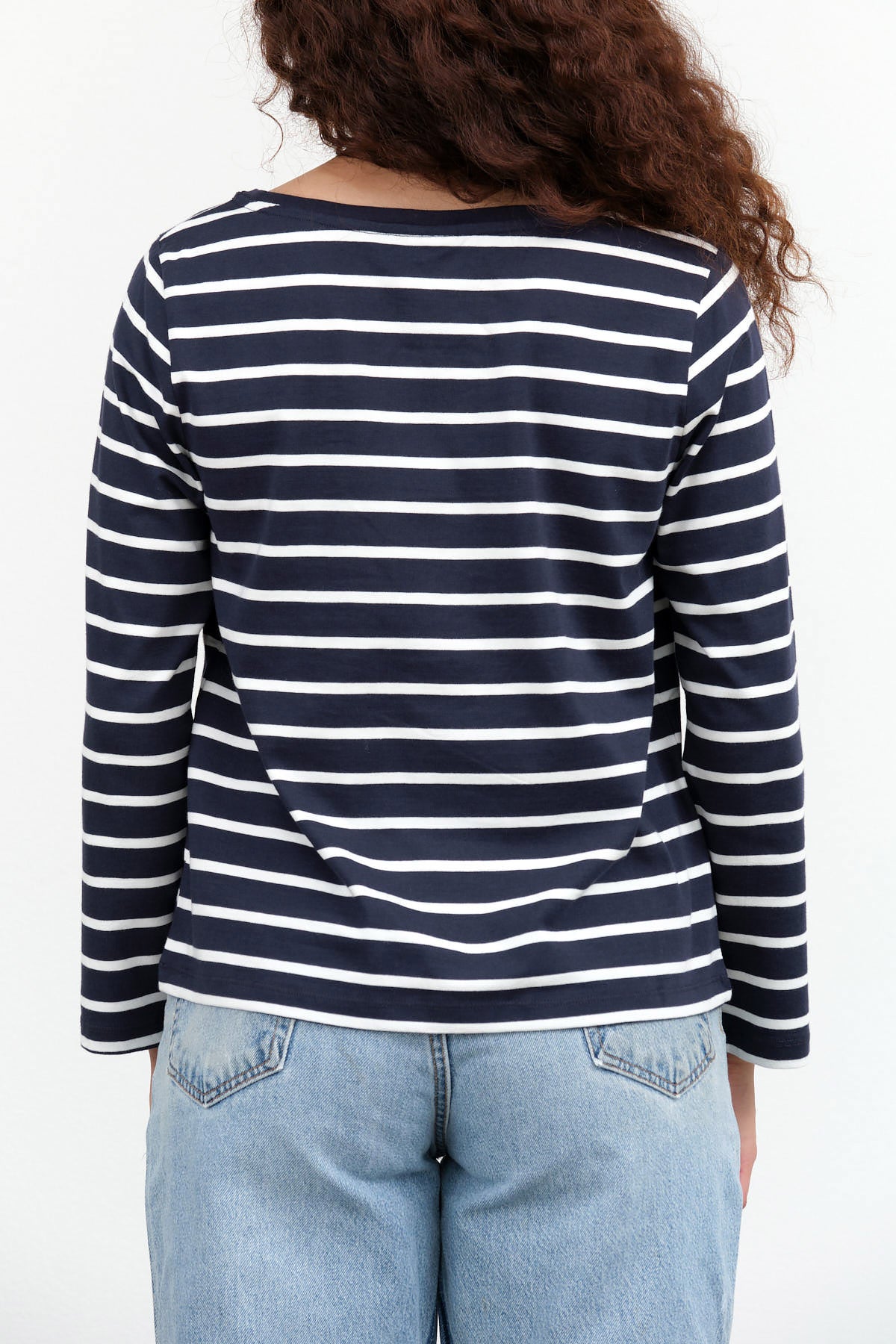 Long Sleeve Boat Neck Breton Top in Navy and White Breton Stripes by Kowtow Designer Brand