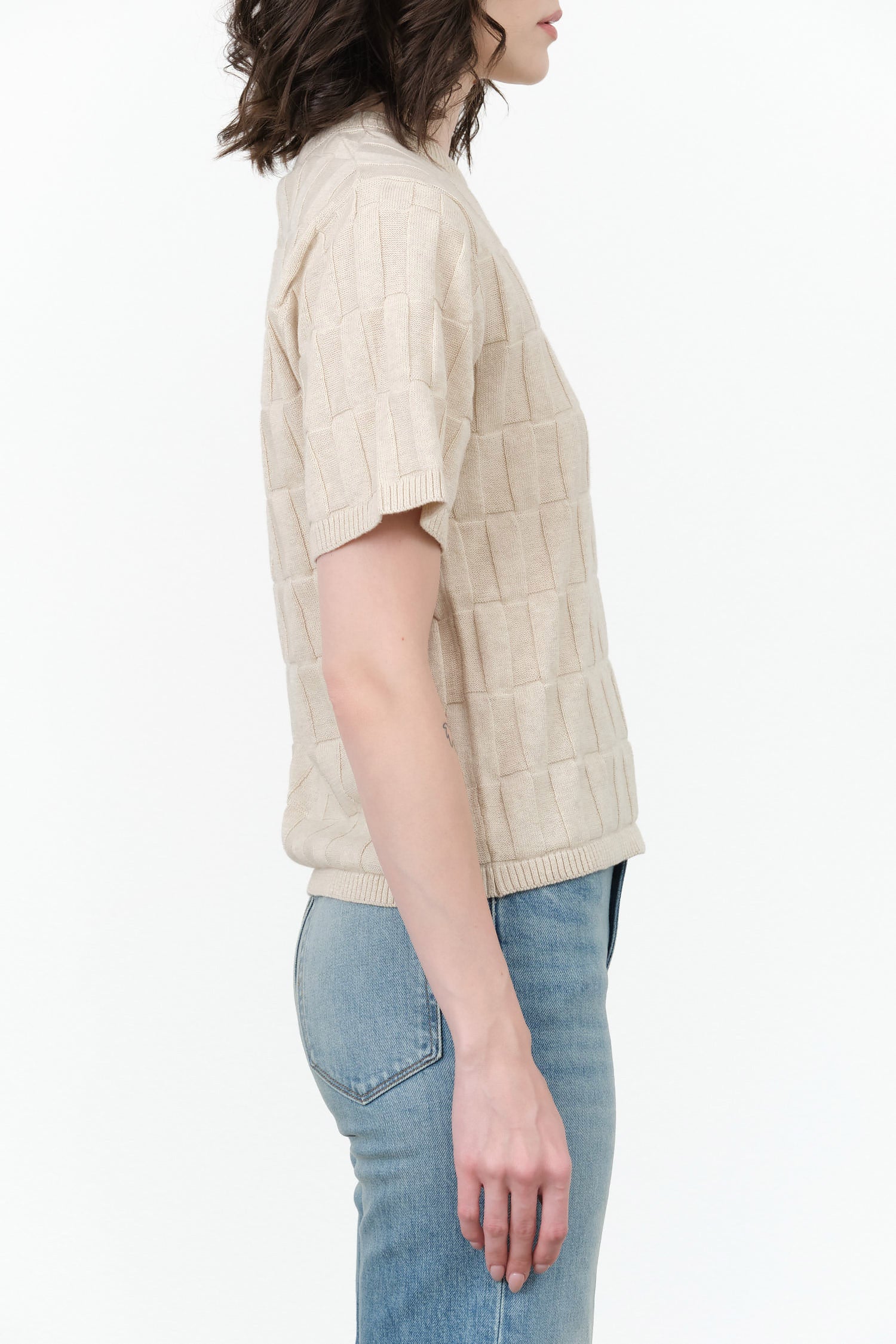 Kowtow Designer Brand Short Sleeve Tile Pattern Etch Tee in Light Marle Tan