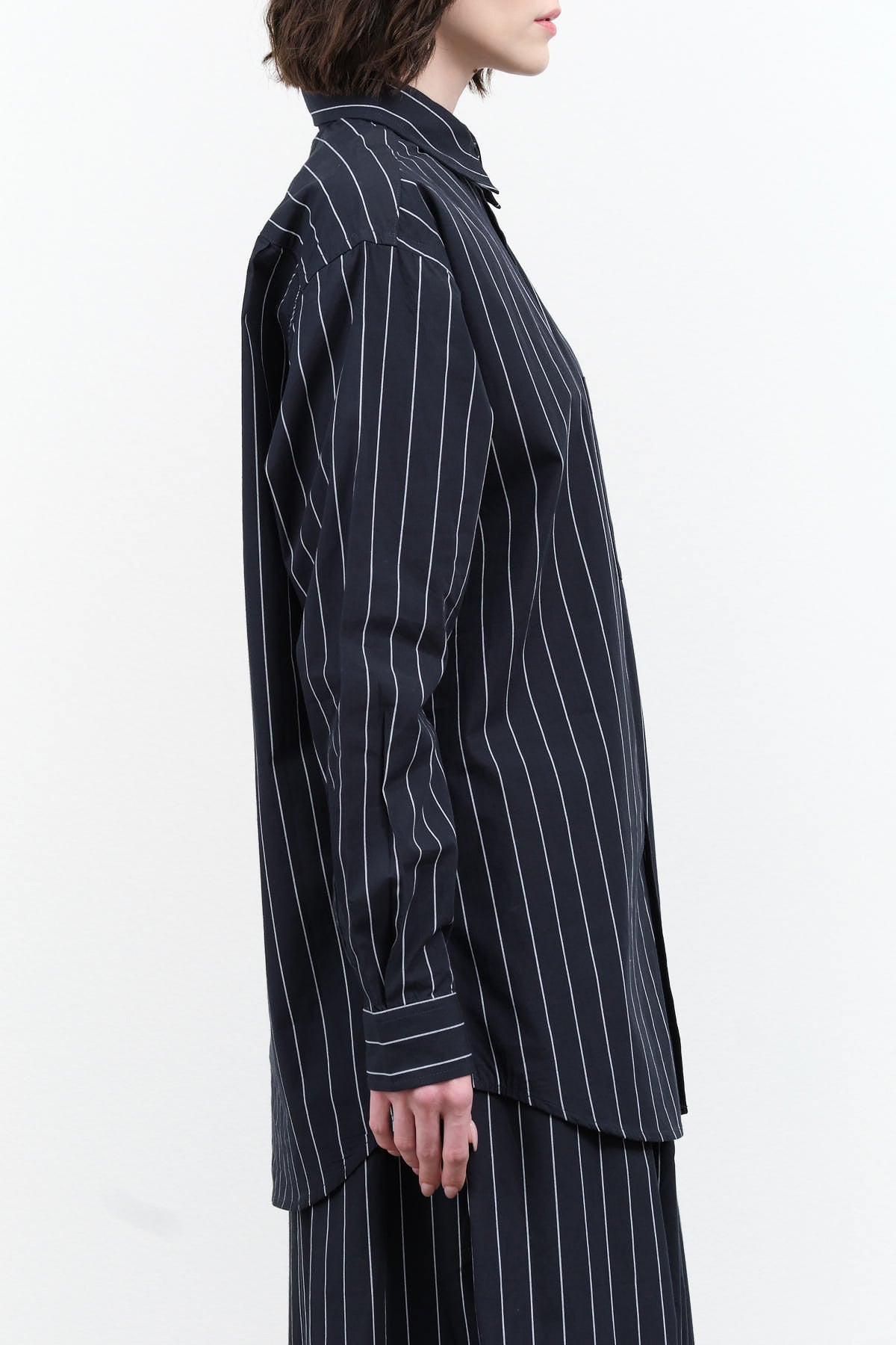 Long Sleeve Collared James Shirt in Navy Pinstripe by Kowtow