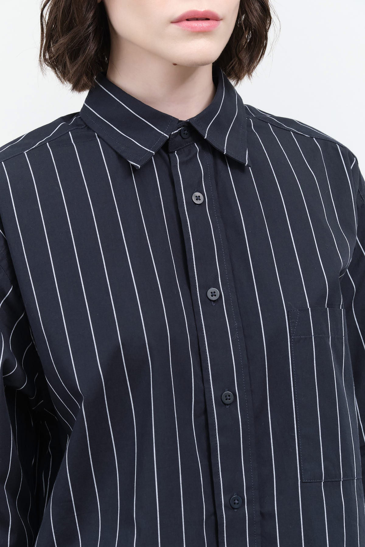 Navy Pinstripe James Shirt by Kowtow