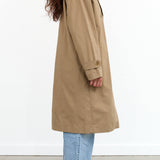 Kowtow Designer Brand Long Sleeve Button Up Mile Trench Coat with Collar in Bronze Tan Brown