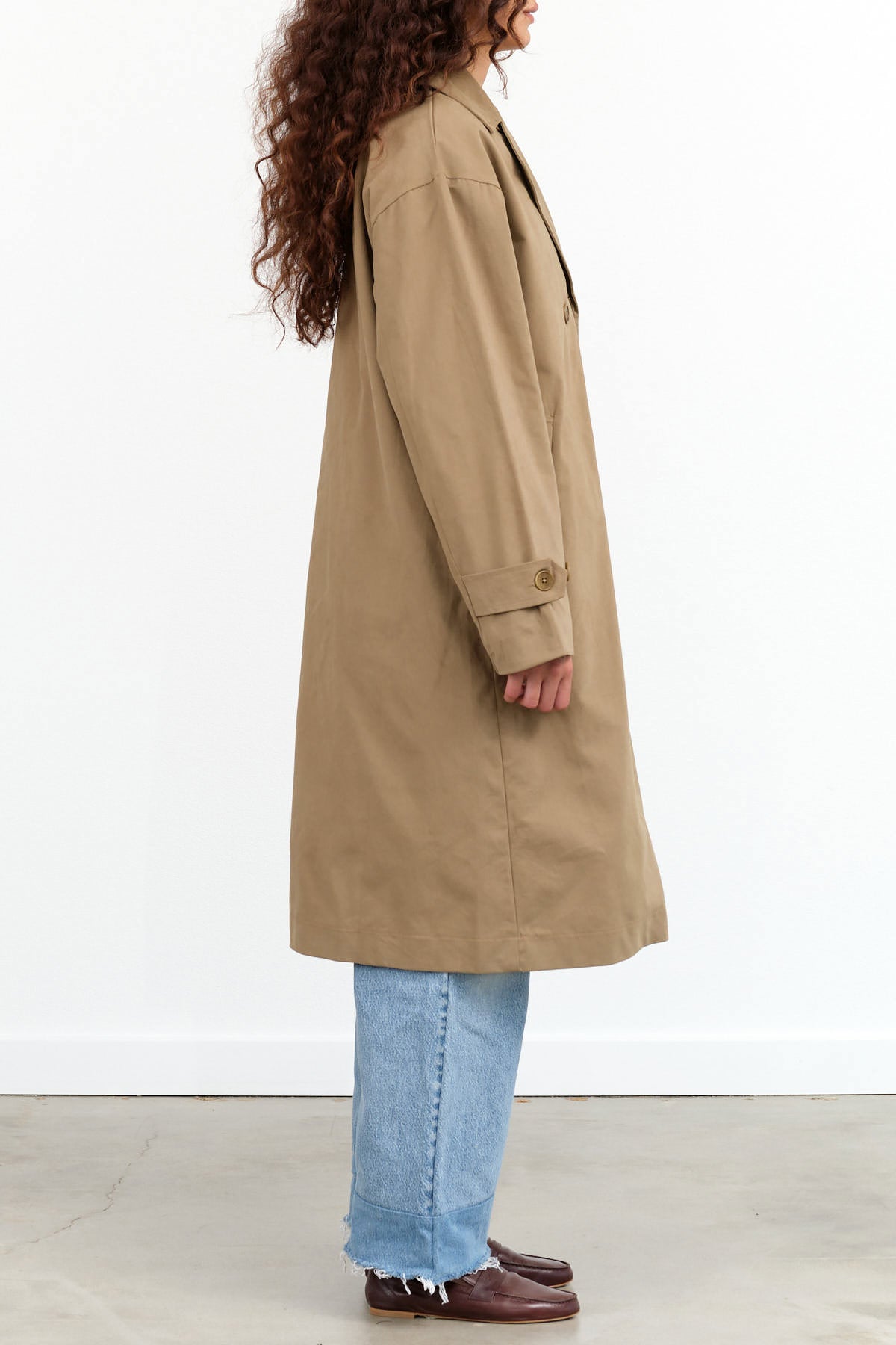 Kowtow Designer Brand Long Sleeve Button Up Mile Trench Coat with Collar in Bronze Tan Brown