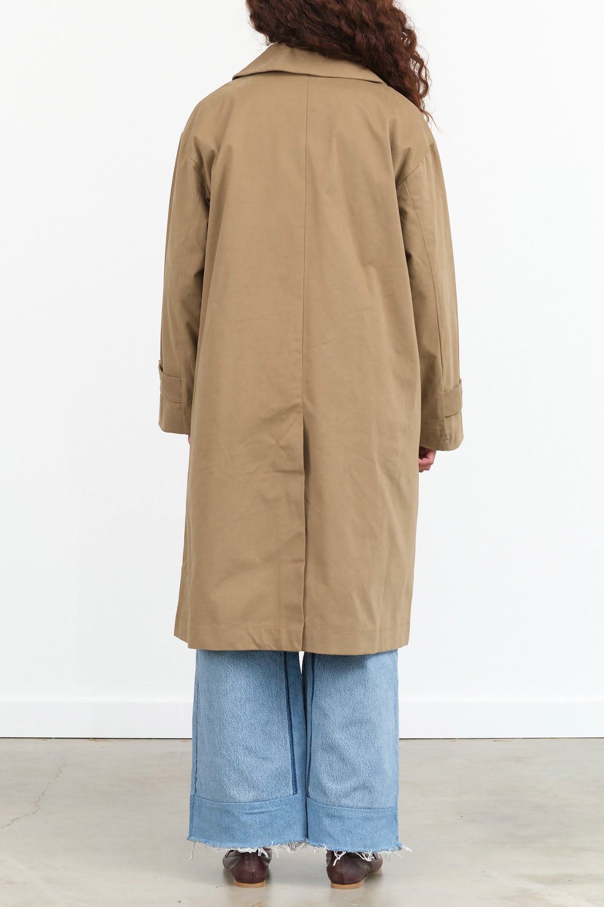 Bronze Tan Brown Long Sleeve Button Up Mile Trench Coat with Collar and Pockets by Kowtow Designer Brand