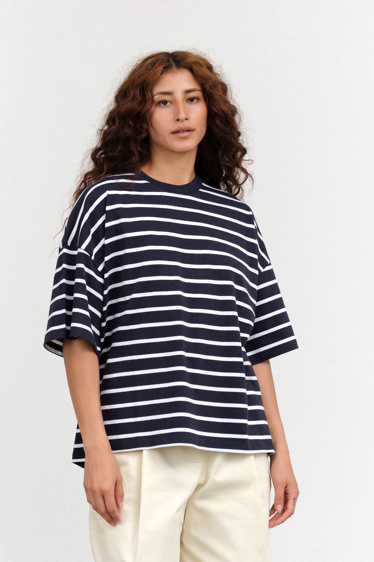 Kowtow Oversized Boxy Tee in Navy Breton