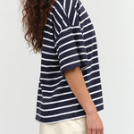 Kowtow Designer Brand Oversized Boxy Short Sleeve Tee in Navy Breton Stripes