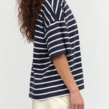 Kowtow Designer Brand Oversized Boxy Short Sleeve Tee in Navy Breton Stripes