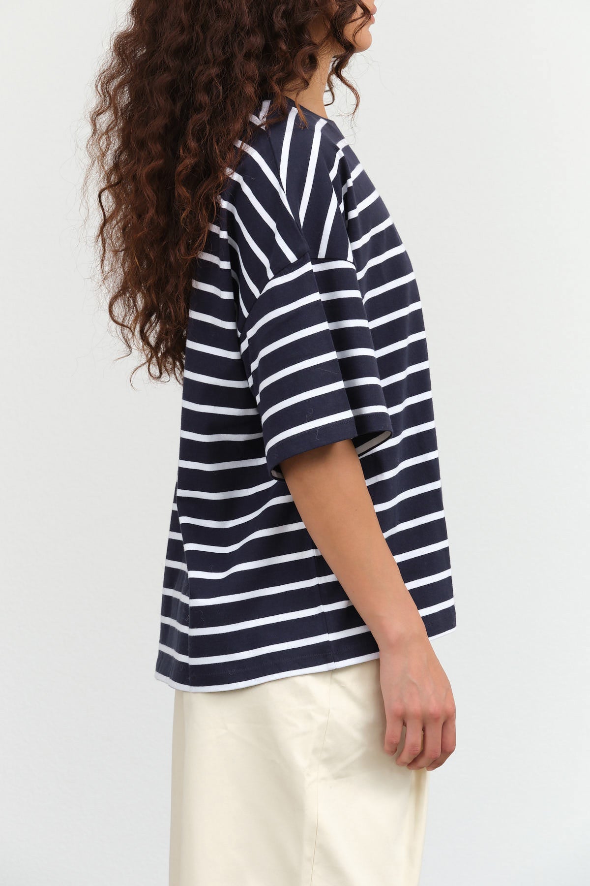 Kowtow Designer Brand Oversized Boxy Short Sleeve Tee in Navy Breton Stripes