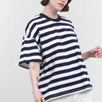 Styled view of Oversized Boxy Tee in Navy Stripe
