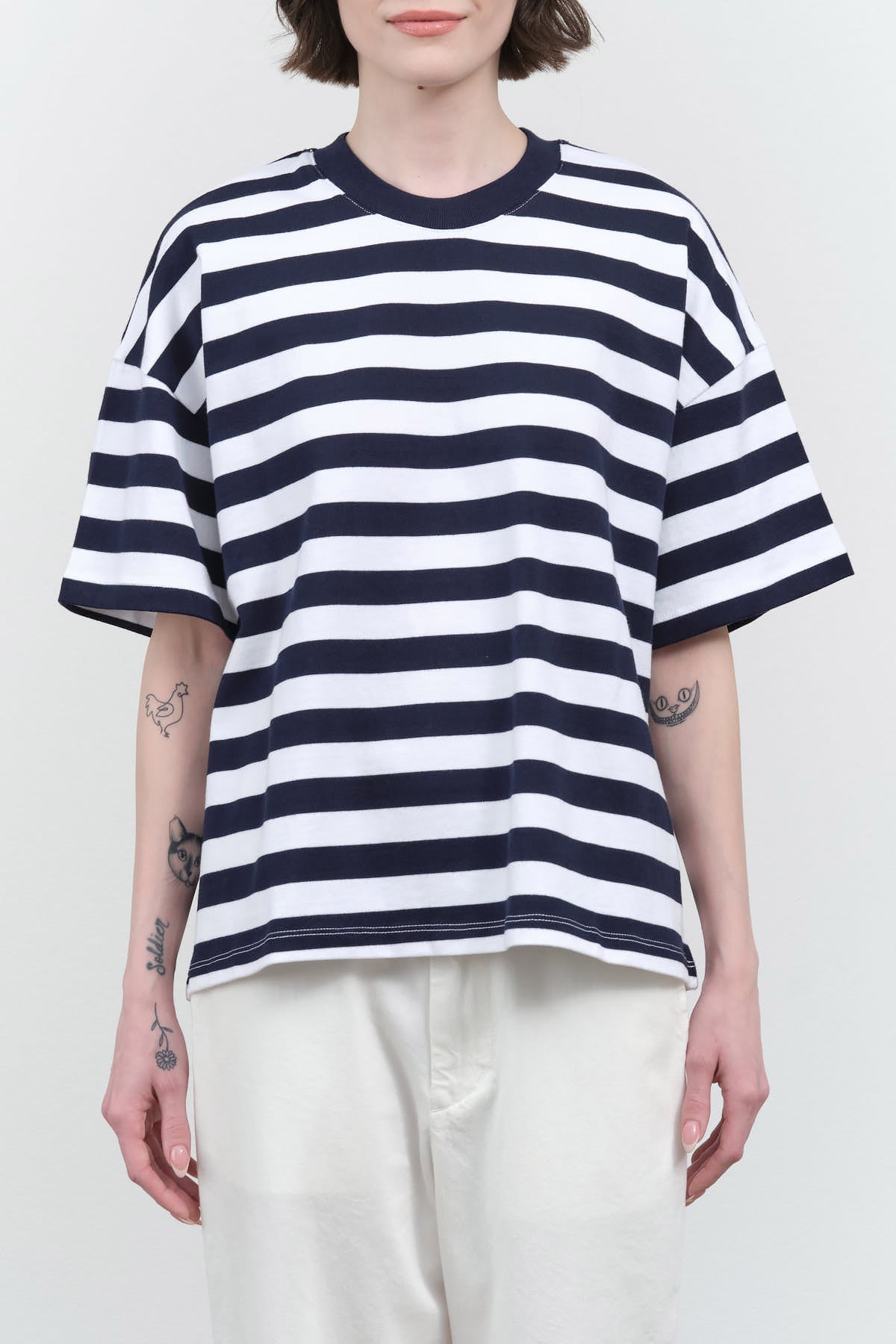 Front view of Oversized Boxy Tee in Navy Stripe