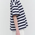 Side view of Oversized Boxy Tee in Navy Stripe