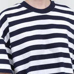 Collar view of Oversized Boxy Tee in Navy Stripe