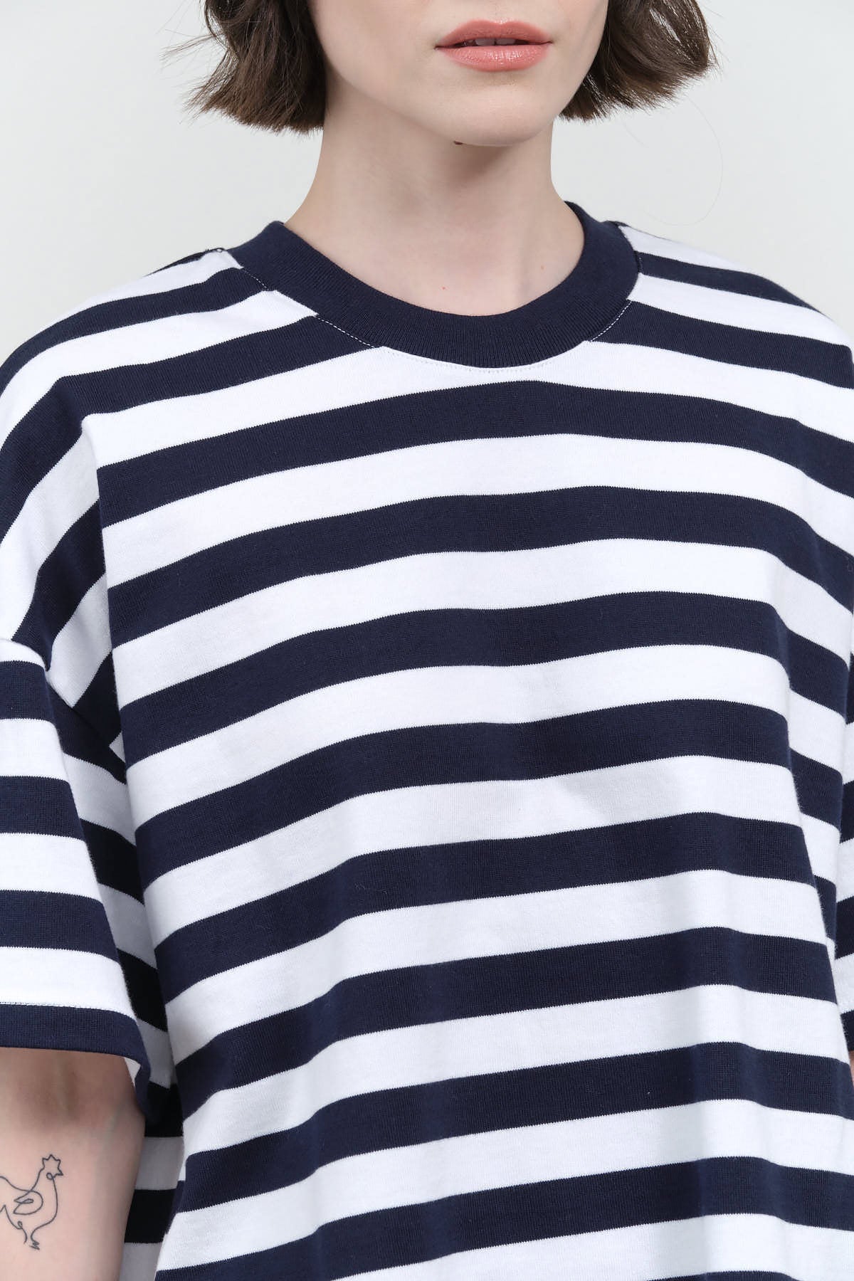 Collar view of Oversized Boxy Tee in Navy Stripe