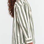 Kowtow Designer Brand Boxy Button Up Petra Shirt Blouse in Forest Green and White Stripe