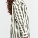 Kowtow Designer Brand Boxy Button Up Petra Shirt Blouse in Forest Green and White Stripe