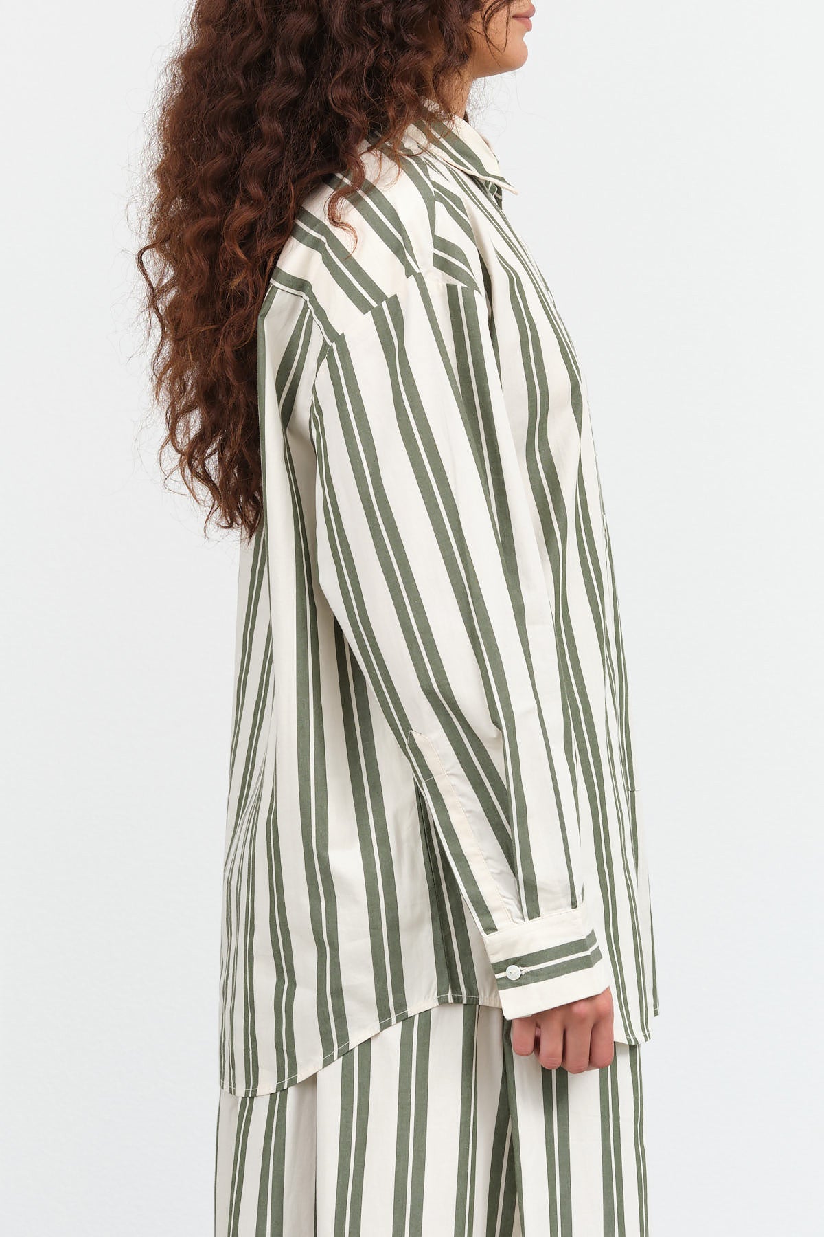 Kowtow Designer Brand Boxy Button Up Petra Shirt Blouse in Forest Green and White Stripe