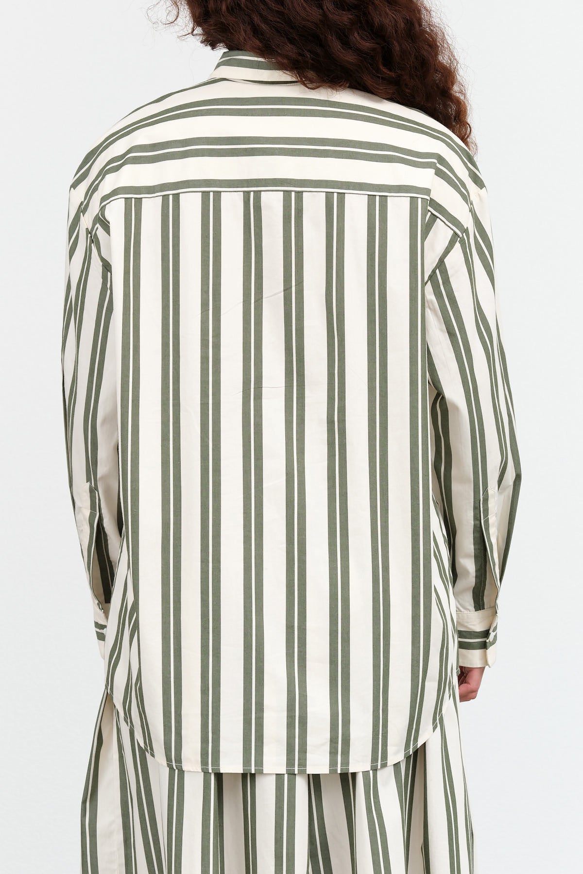 Boxy Button Up Petra Shirt Blouse in Forest Green and White Stripe by Kowtow Designer Brand