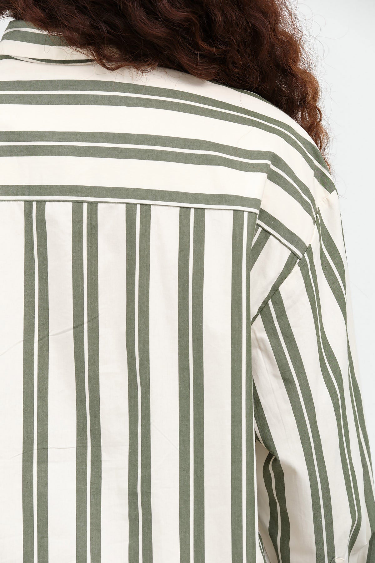 Forest Green and White Stripe Boxy Button Up Petra Shirt Blouse by Kowtow Designer Brand